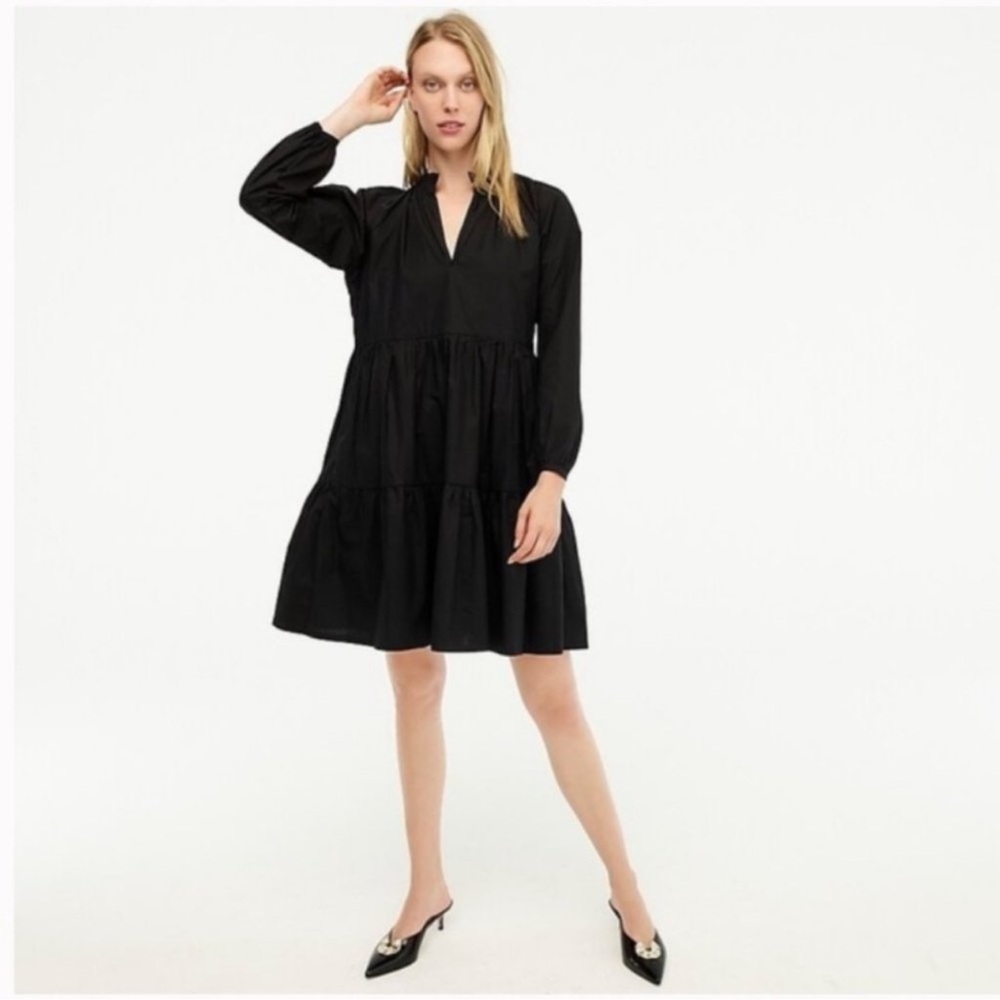 J Crew Black Tiered Popover Cotton Poplin Dress with V-Neck size small